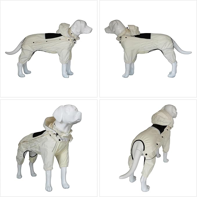 LOVELONGLONG Waterproof Dog Raincoat with Removable Hood – Outdoor Full Body Dog Jacket, Windproof Snowproof Shell Suit – All Season Pet Rain Gear Ivory M