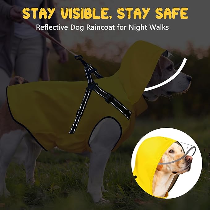 Dog Raincoat: Dog Rain Jacket with Reflective Harness & Removable Hood | Waterproof Dogs Rain Coat Poncho for Large Medium Small Dogs Puppies (Yellow - XXL)