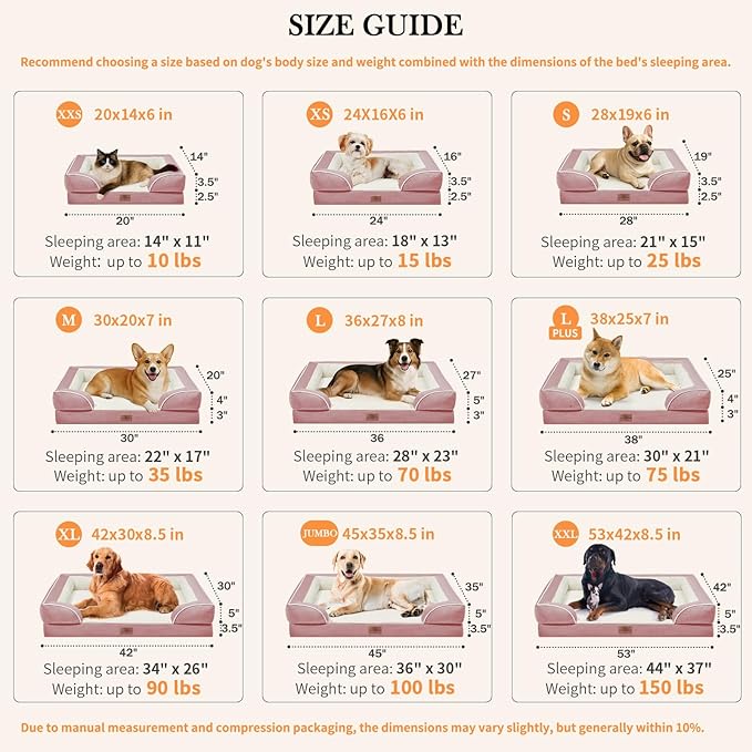 Comfort Expression Orthopedic Dog Bed for Extra Large Dogs 45x35 Inch, Waterproof Supportive Egg Crate Foam XL Pet Bed with Removable Bolsters, Dog Couch with Washable Cover & Non-Slip Bottom, Pink