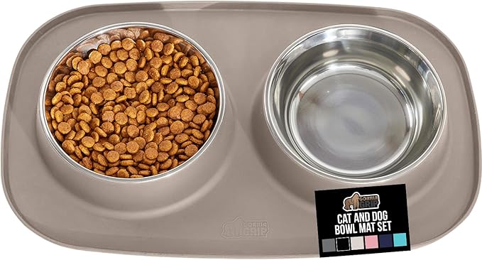GORILLA GRIP Feeding Mat Set, Patent Pending 100% Waterproof BPA Free Silicone, Stainless Steel Cat and Dog Bowls, Slip Resistant, High Edges Catch Water Food, US Designed Pet Accessories, 1 Cup Beige
