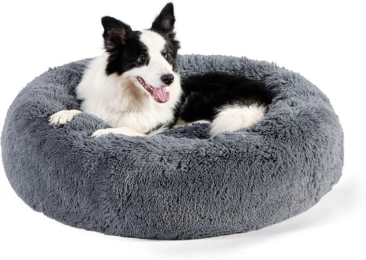 Bedsure Calming Dog Bed for Large Dogs - Donut Washable Large Pet Bed, 36 inches Anti-Slip Round Fluffy Plush Faux Fur Dog Bed, Fits up to 80 lbs Pets, Dark Grey