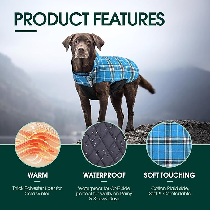 Kuoser Warm Dog Coat, Waterproof Dog Jacket for Extra Large Dogs, Adjustable Durable XL Doggie Winter Coat Reversible Cozy Puppy Cold Weather Apparel from Small to Large Breed, Blue XL