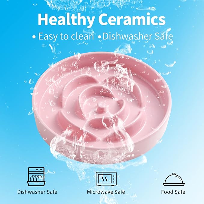 8.66 in Pink Ceramic Slow Feeder Dog Bowl for Medium and Large Breed - Heavy Weighted Puzzle Feeding Dish for Fast Eaters, Modern Maze Design