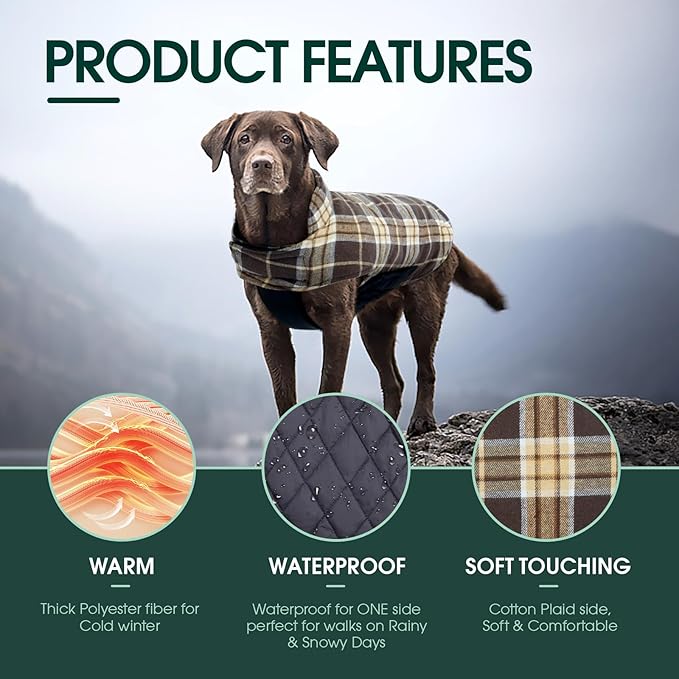 Kuoser Waterproof Dog Coat, Reversible Dog Jacket for Medium Dogs, Adjustable Durable Doggie Winter Coat Warm Puppy Cold Weather Apparel from Small to Large Breed, New Brown M