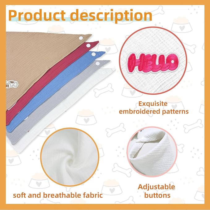 Pet's Cotton Bandanas with Adustable Button for Large Dog Solid Color Letter Embroidered Scarf,White,Large