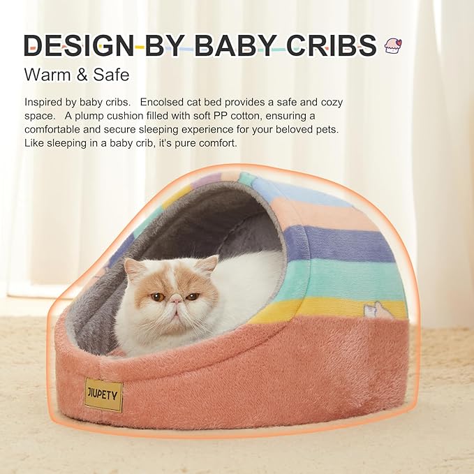 Jiupety Cute Cat Beds for Indoor Cats, Cat Cave Bed for Kittens, Hideaway Cat House & Tent with Anti-Slip Bottom, Washable Removable Cushion, M(16"x16"x13"), Rainbow