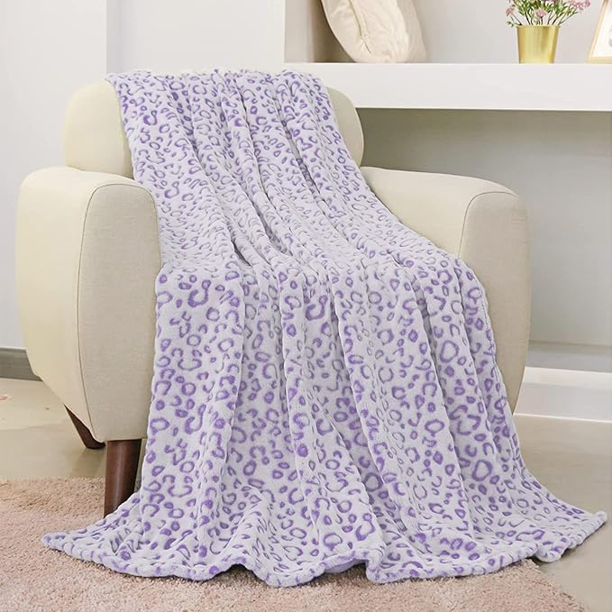 FY FIBER HOUSE Flannel Fleece Throw Microfiber Blanket with 3D Cheetah Print, 90"X108", Purple