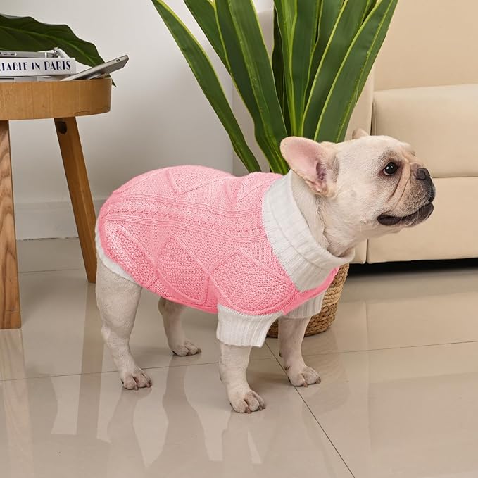 Dog Sweater for Medium Dogs Argyle Cable Knit Turtleneck Pullover Winter Clothes Boys Girls French Bulldog Dachshund Corgi Beagle Pug Pet (M, Pink)