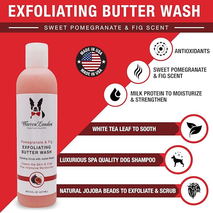 Warren London Exfoliating Butter Wash – Pomegranate & Fig Dog Shampoo, 8 oz | Cleans, Exfoliates & Conditions in One | Jojoba Beads Relieve Dry, Itchy Skin | Non-Oily Shine | Made in USA