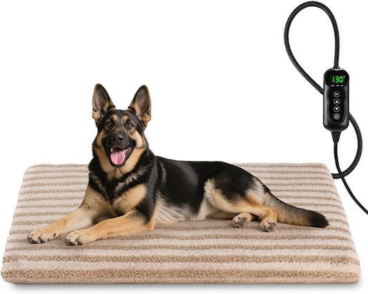 Large Pet Heating Pad, Waterproof Heated Dog Cat Bed with 11 Adjustable Temperatures & 24H Timer, Auto Shut-Off, Chew-Resistant Cord, Washable Cover, Indoor Electric Heating Mat, Beige, XL(47" x 28")