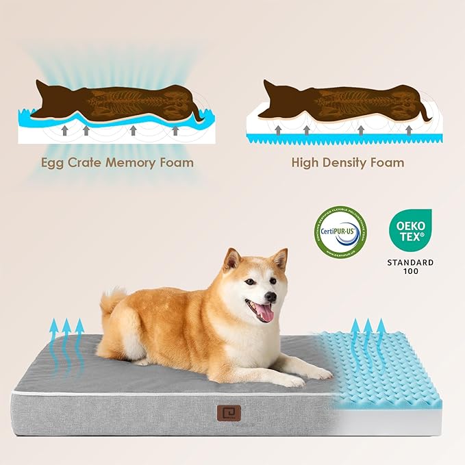 EHEYCIGA Waterproof Dog Bed Memory Foam 41x27, Orthopedic Dog Beds Mat for Gaint Dogs with Removable Cover, Grey