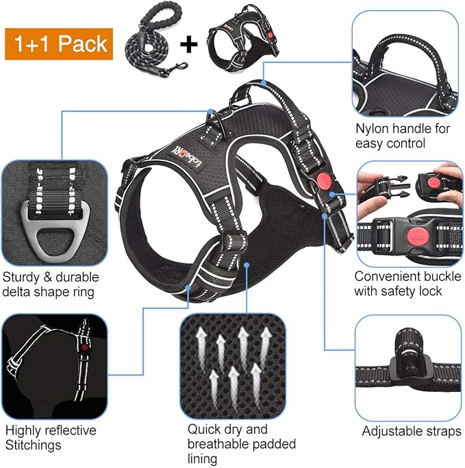 No Pull Harness with A Free Heavy Duty 5ft Leash for Medium Large Dog Adjustable Reflective Oxford Easy Control (L (Neck: 18"-25.5", Chest: 25.5"-31"), Black Harness+Leash)