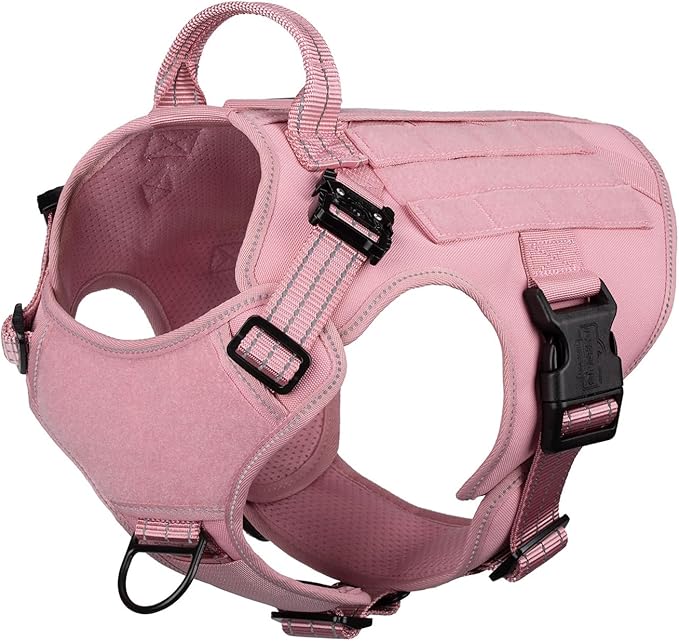 ICEFANG Tactical Dog Harness,Large Size, 2X Metal Buckle,Working Dog MOLLE Vest with Handle,No Pulling Front Leash Clip,Hook and Loop Panel (Pink, L (Pack of 1))