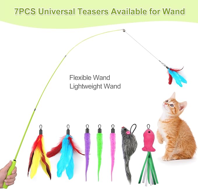 ChicWow Interactive Retractable Cat Wand & Hanging Toys for Cats - 2 Wands, 2 Hanging, 7 Teaser Cat Toys for Indoor Adult Cats Kitten, Includes Feather, Mouse, Fish, Worm, 1 Spare Elastic Rope