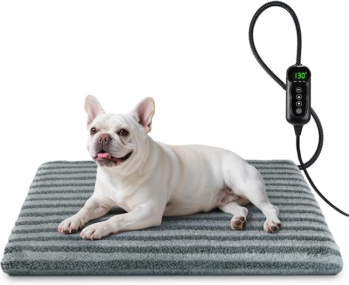 Pet Heating Pad, Waterproof Heated Dog Cat Bed with 11 Adjustable Temperatures & 24H Timer, Auto Shut-Off, Chew-Resistant Cord, Washable Cover, Indoor Electric Heating Mat, Grey, M(28" x 20")
