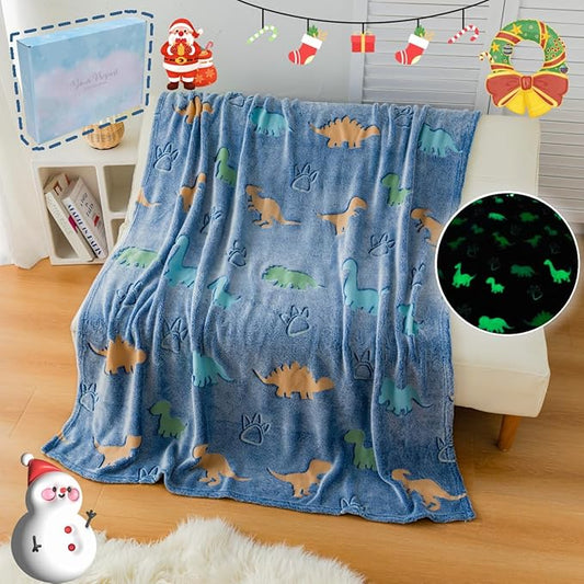 Halloween Dinosaur Glow in The Dark Blanket with Storage Bag, Soft Throw Blanket for Boys Girls, Christmas Birthday New Year Gift, Kids, Day Care Home Use, 50"x60" Blue