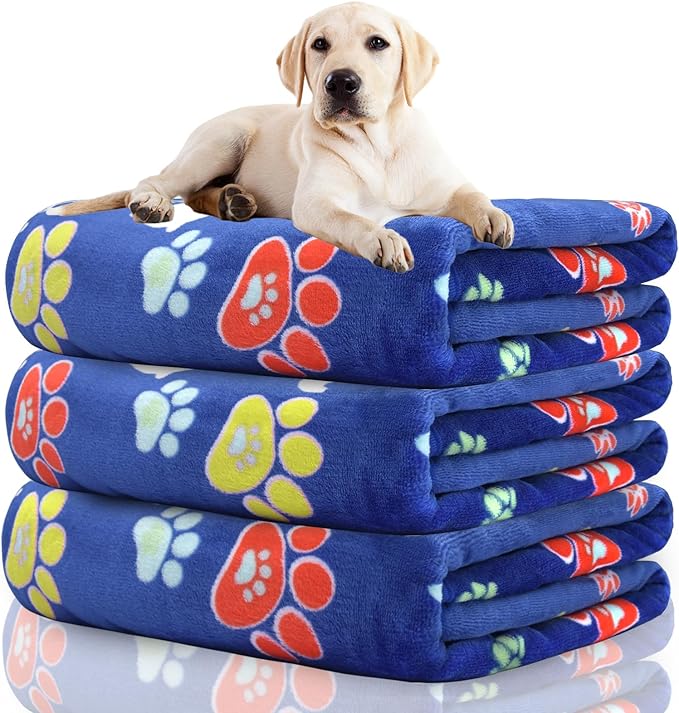 Rezutan 1 Pack 3 Dog Blanket for Large Dogs,41x31 inch for Medium Soft Fluffy Washable Pet Cat Blankets,Reversible Elephant & Paw Print for Dog Kennels & Beds, Sofas, Blue
