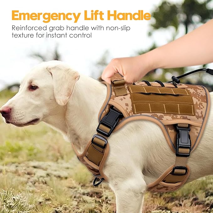 Heavy-Duty Tactical Dog Harness for Large Dogs, No Pull Adjustable Reflective Pet Vest with Molle System, K9 Military-Grade Control for Service Training, Outdoor & 10+ Breeds, Khaki Camo, XX-Large
