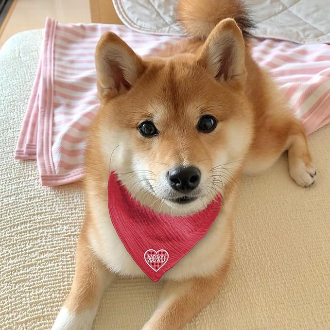 Adjustable Cotton Bandana - Heart Solid Color Embroidered Scarf for Large Dogs with Button Fastening,Wine Red,Large