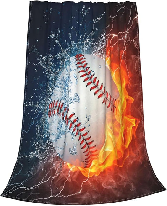 Baseball Blanket Throw Blanket for Boy & Kids, Warm Soft Flannel Blanket, Lightweight Sport All Season Blanket for Couch Bed Sofa Home Decor (40"x 50", White Ball in Fire and Water)