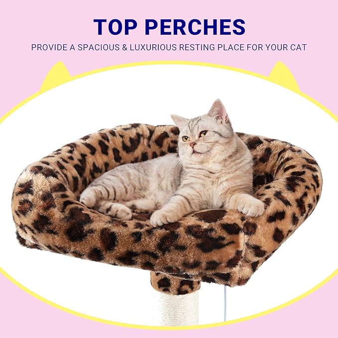 Allewie 73in Fan-Shaped Space-Saving Corner Cat Tower/Multi-Level Tall Cat Tree for Indoor Kitties/Cozy Baskets/Condos/House/Perches/Sisal Scratching Posts/Pet Activity Center/Leopard Print