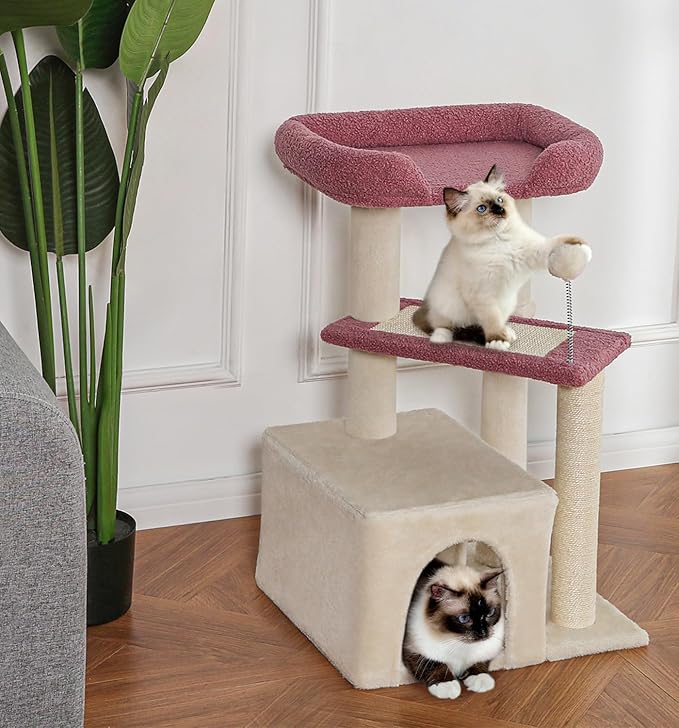 Made4Pets Pink Cat Tree, Carpet Cat Tower Grey for Indoors Cats, Cute Wood Kitty Condo with Scratching Post and Pad, 29" Multi-Level Modern Activity Climbing Furniture for Small and Medium Cats