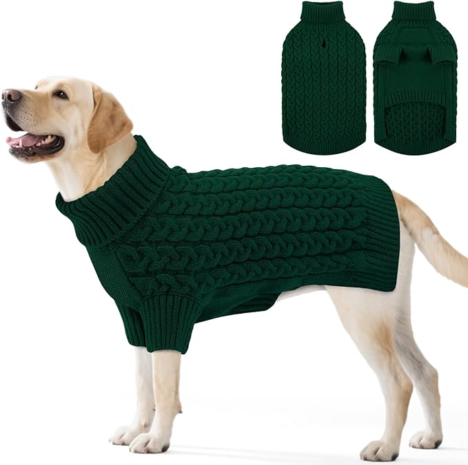 SAWMONG Dog Sweater, Dog Sweaters for Large Dogs Girls Boys, Pullover Turtleneck Knitted Doggy Sweatshirt, Cold Weather Pet Clothes（Green, 2X-Large