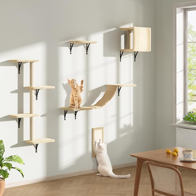 Cat Wall Shelves, Wall Mounted Cat Furniture, Cat Wall Cimber with Perches, Scratchers and Condo, Set of 5 (Beige)