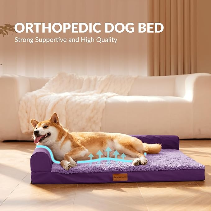 Patas Lague Orthopedic Dog Bed Medium Size Dog 30''X20'', Waterproof L Bolster Medium Pet Sofa Beds with Removable Washable Cover, Soft Comfortable Pet Couch Crate Mat with Nonskid Bottom, Purple