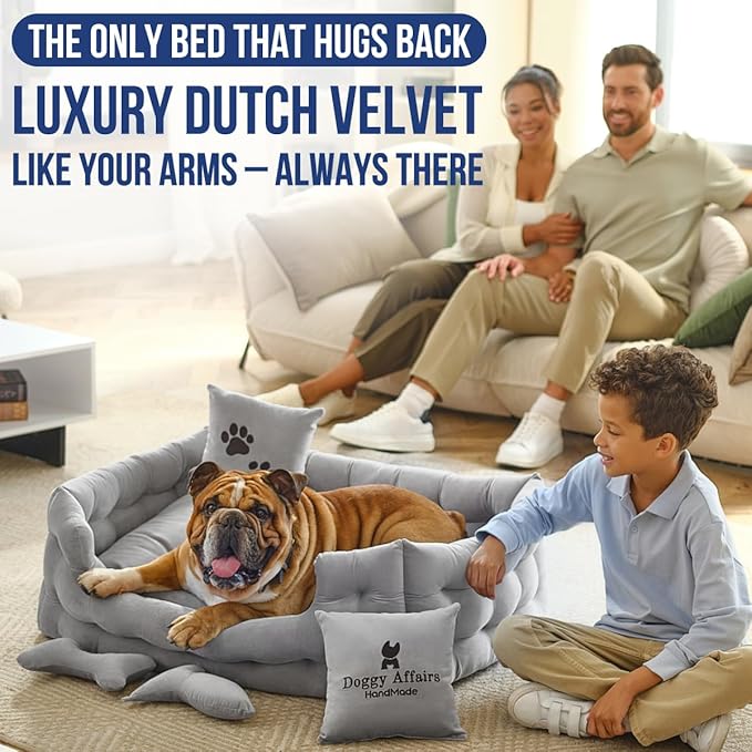 Luxury Dog Bed Chesterfield – Handcrafted Velvet Throne for Dogs | Joint Support, Calming & Temp-Regulating Comfort | Durable 5+ Years, Anti-Claw, Washable 100+ Times – L, Gray