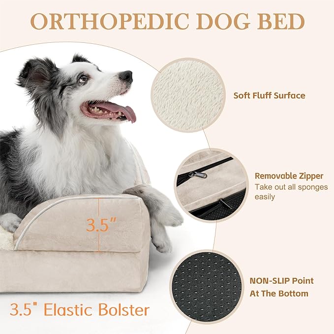 Comfort Expression Orthopedic Dog Bed for Small Dogs 20x14 Inch, Waterproof Supportive Egg Crate Foam Small Pet Bed with Removable Bolsters, Dog Couch with Washable Cover & Non-Slip Bottom, Beige