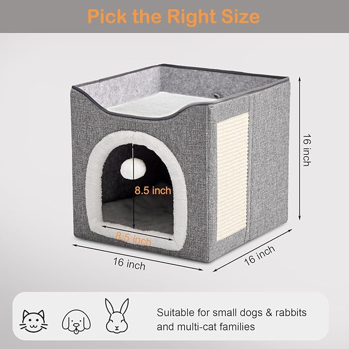 Heated Cat Bed Indoor w/ 12V Electric Heating Pad, Foldable Thermal Warming Heated Pet Bed House for Indoor Cats w/ Scratching Post, Covered Cat Cave Beds with Adjustable Temperature & Timer 16x16x15"