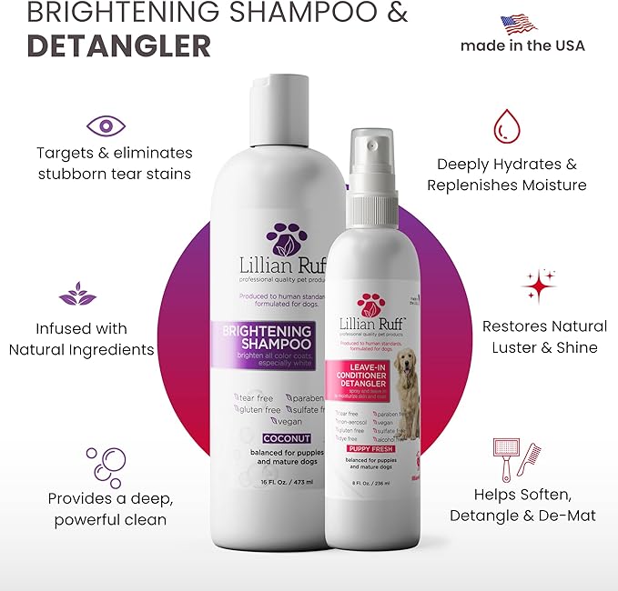 Lillian Ruff PRO Formula Ultra Brightening Dog Shampoo & Leave-in Conditioner Detangler Set - Professional Whitening, Stain Removal, Dematting, Detangling & Odor Control with Aloe & Provitamin B5