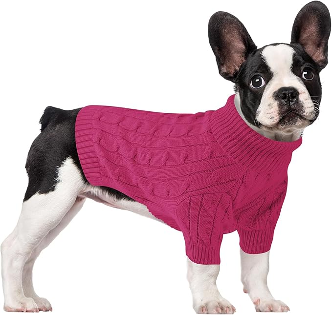 Small Dog Thermal Pullover Sweater, Classic Turtleneck Cable Knitwear Dog Clothes for Cold Weather Warm Pet Clothes for Chihuahua, Bulldog, Dachshund, Pug Hot Pink X-Large