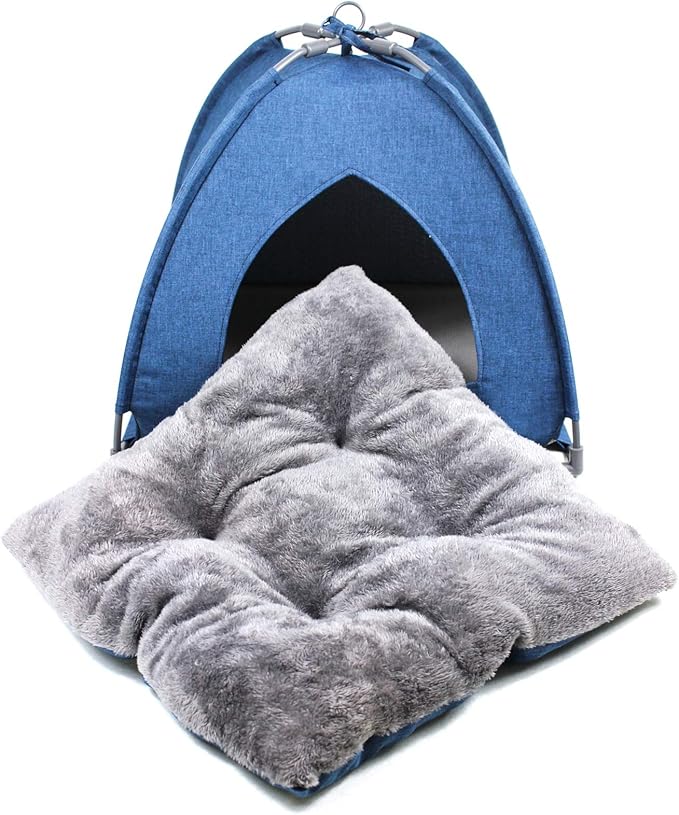 Winsterch Cat Bed Cave for Indoor Cats,Small Pet Tent Cave for Cats Kitten Small Dogs,Warming Cat House with Removable Washable Cushion (18.5'' x 18.5'' x 15.8'',Blue)