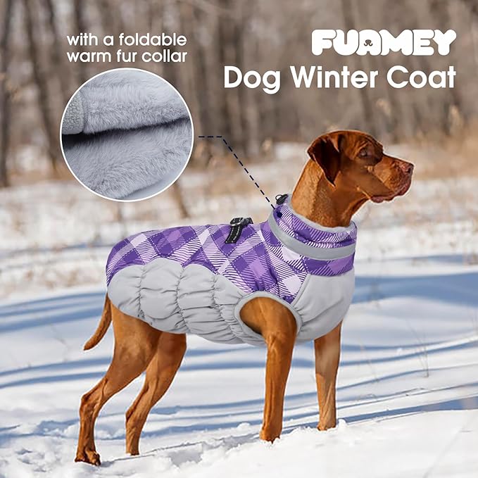 FUAMEY Dog Coat for Small Dogs,Waterproof Dog Winter Jacket with Harness Built in Puppy Cold Weather Coats Reflective Pet Vest with Zipper Warm Fleece Dogs Snowsuit Windproof Purple Plaid S