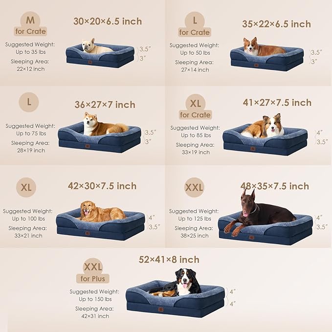 EHEYCIGA Memory Foam XXL Dog Bed for XLarge Sized, Extra Large Orthopedic Dog Sofa with Sides and Waterproof Liner, Washable Bolster Pet Couch with Removable Cover, 52x41x8 Inch, Navy