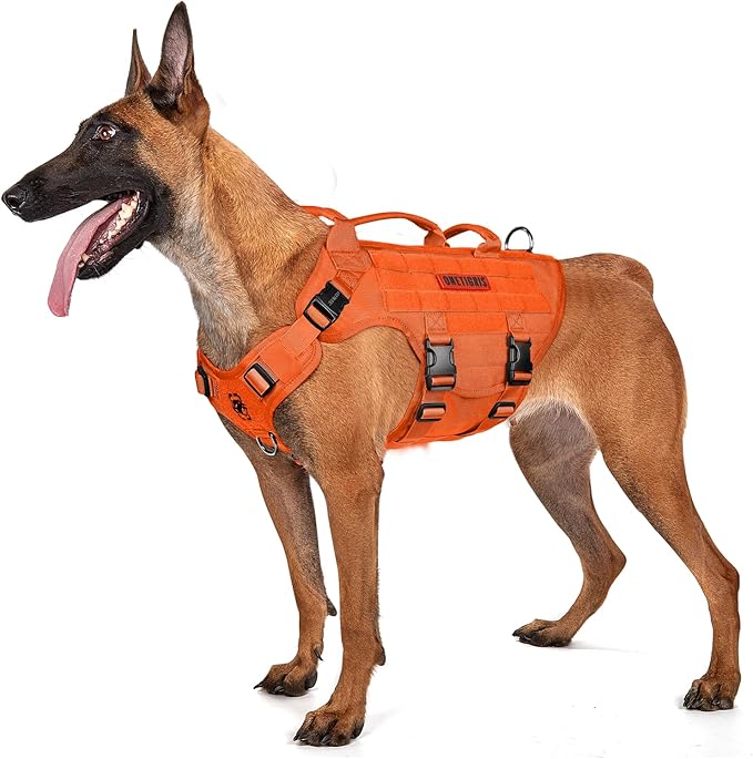 OneTigris Large Tactical Dog Harness, No Pulling Adjustable Dog Vest Harness, Heavy Duty Dog Harness with Handle, Large Hook and Loop Panels for Patch(Orange,XL)