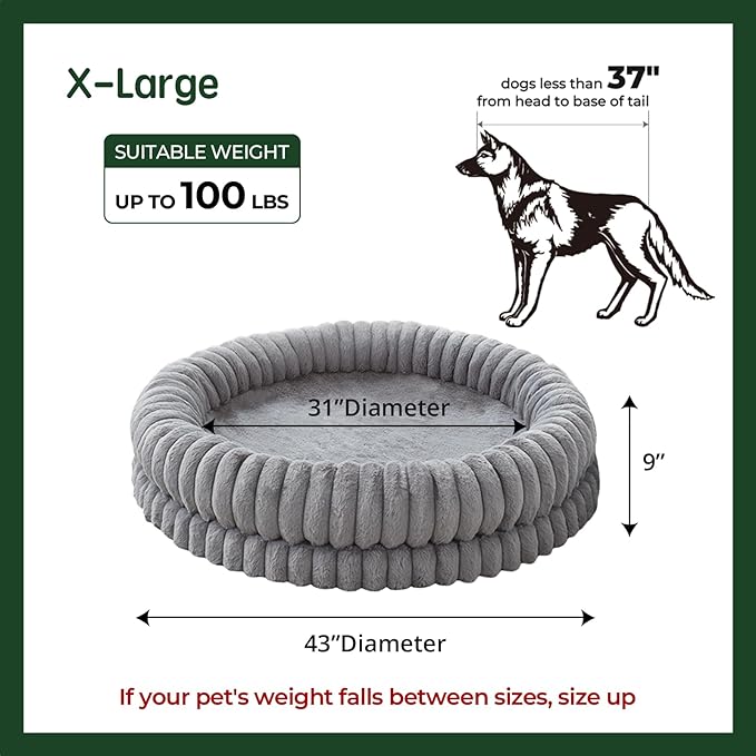 BALANCE Luxury Donut Dog Bed, 43 Inches Round Dog Beds Large Sized Dogs Washable, Orthopedic Calming Dogs Bed for Pets with Anti-Slip Bottom, Gray