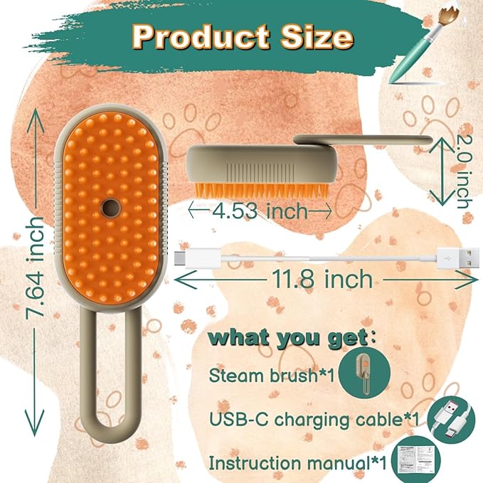 Steam Cat Cordless 3-in-1 Silicone Massaging Grooming Brush With Built-in Lithium Battery, Removes Static and Flying Pet Hair for Cats and Dogs (Beige)