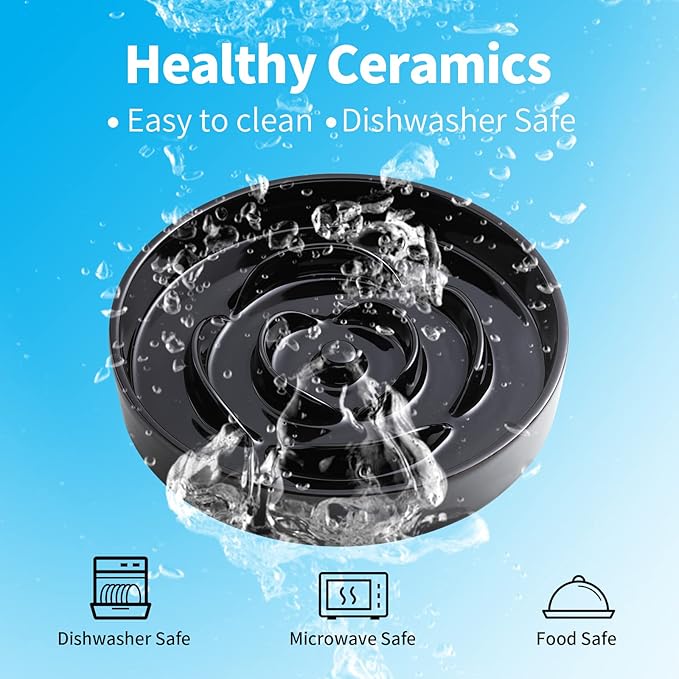 Black Elevated/Raised Dog Bowl Ceramic Slow Feeder with Wood Stand for Small Medium Large Dogs, 8.66 in Dog Dish to Slow Down Eating,Modern Heavy Slow Puppy Bowl for Fast Eaters