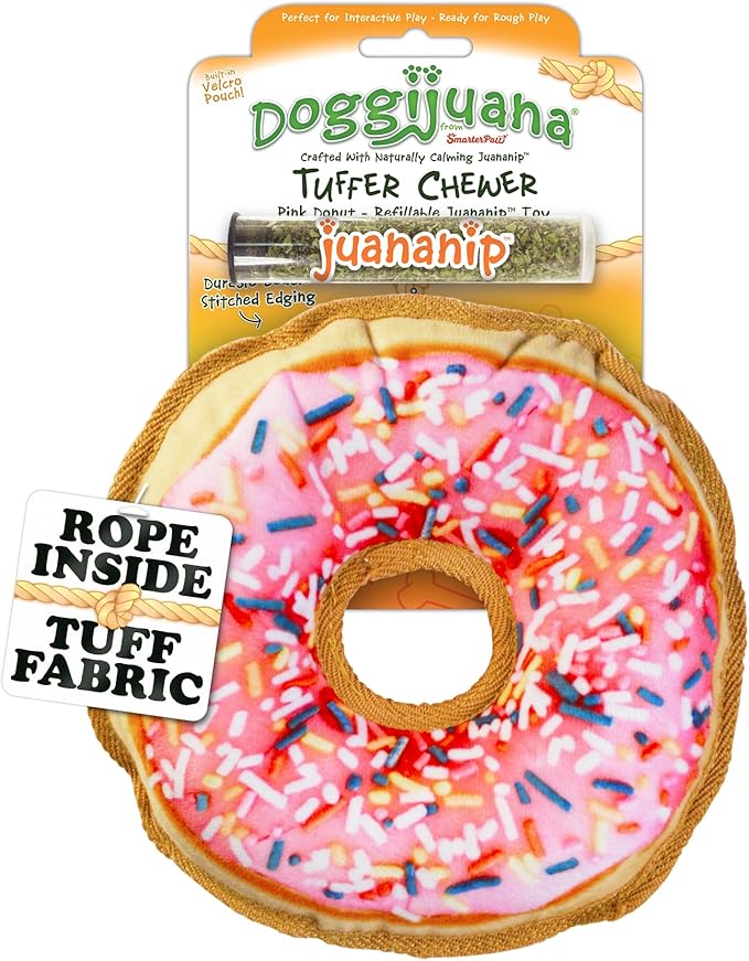 Doggijuana Tuffer Chewer Plush Dog Toy | Funny Dog Toy Plush with Juananip Catnip for Dogs | Calming Aid for Dogs | Interactive Squeaky Chew Toy for Play (Sprinkled Donut)