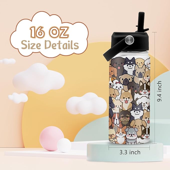 Dog Lover Gifts, 16 oz Water Bottle with Straw Lid, Stainless Steel Insulated Dog Water Bottles, Cute Puppy Tumbler for Travel Outdoor