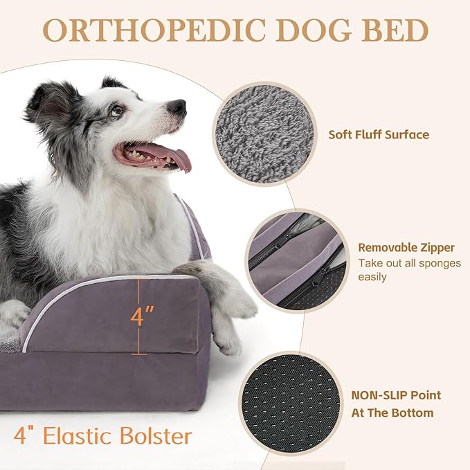 Comfort Expression Orthopedic Dog Bed for Large Dogs 38x25 Inch, Waterproof Supportive Egg Crate Foam Large Pet Bed with Removable Bolsters, Dog Couch with Washable Cover & Non-Slip Bottom, Purple