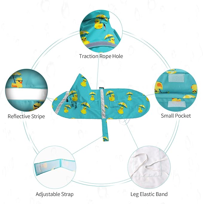 NACOCO Large Dog Raincoat Adjustable - Pet Rubber Ducks Yellow Water Proof Clothes Lightweight Rain Jacket Poncho Hoodies with Strip Reflective Pink (Lake Green L, Sunglass Duck)