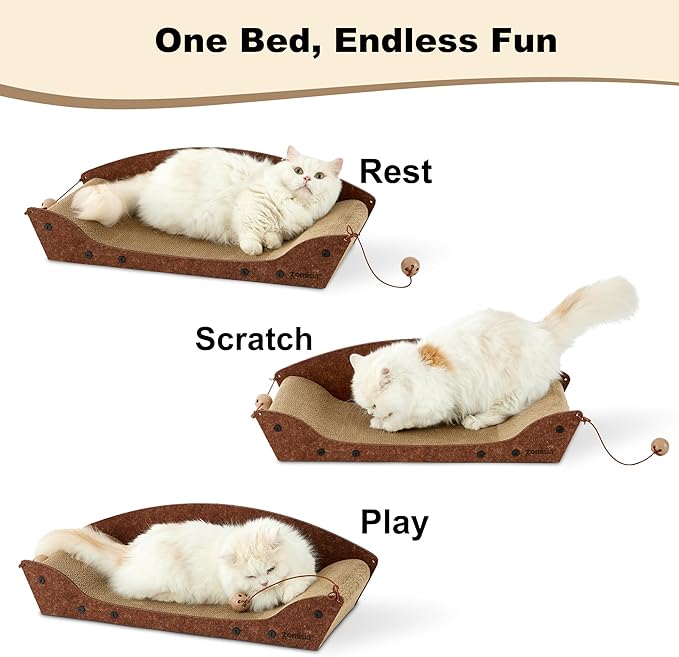 Cat Scratcher Bed - 26'' Cardboard Scratching Board for Indoor Cats, Orthopedic Lounger Scratcher Couch with Catnip and Bells
