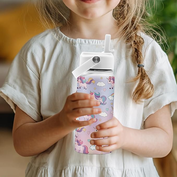 Gifts for Unicorn Lovers, 16 oz Water Bottles with Straw Lid, Stainless Steel Insulated Tumbler for Travel Outdoor, Cute Unicorn Water Bottle Gifts for Birthday Christmas