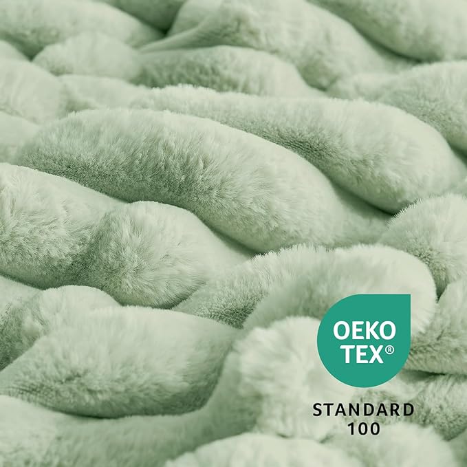 Amélie Home Faux Fur Throw Blanket for Couch, Cozy Fuzzy Fluffy Fur Luxurious Soft Striped Plush Gift Blankets for Family Sofa Chair Bedroom, 55"x70", Sage Green