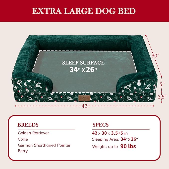 Comfort Expression Orthopedic Dog Bed for Extra Large Dogs 42x30 Inch, Waterproof Supportive Memory Foam XL Pet Bed with Removable Bolsters, Dog Couch with Washable Cover & Non-Slip Bottom, Green