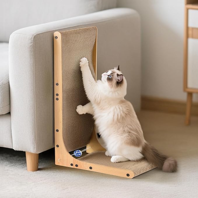 Cat Scratcher with Replacement Cardboard, 27.6" L Shape Wall Mounted Cardboard Cat Scratchers for Indoor Cats, Large Protecting Furniture Cat Scratch Pad with Ball Toy, Catnip